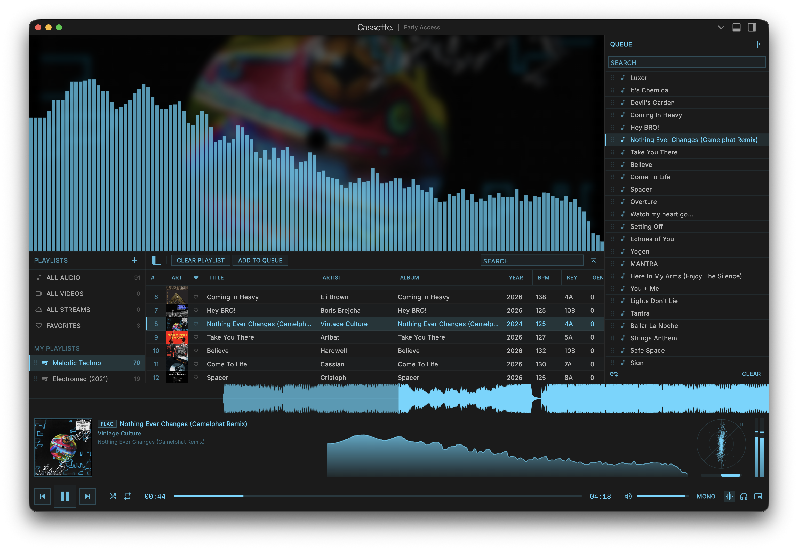 Cassette music player: full library view with waveform and spectrum analyzer