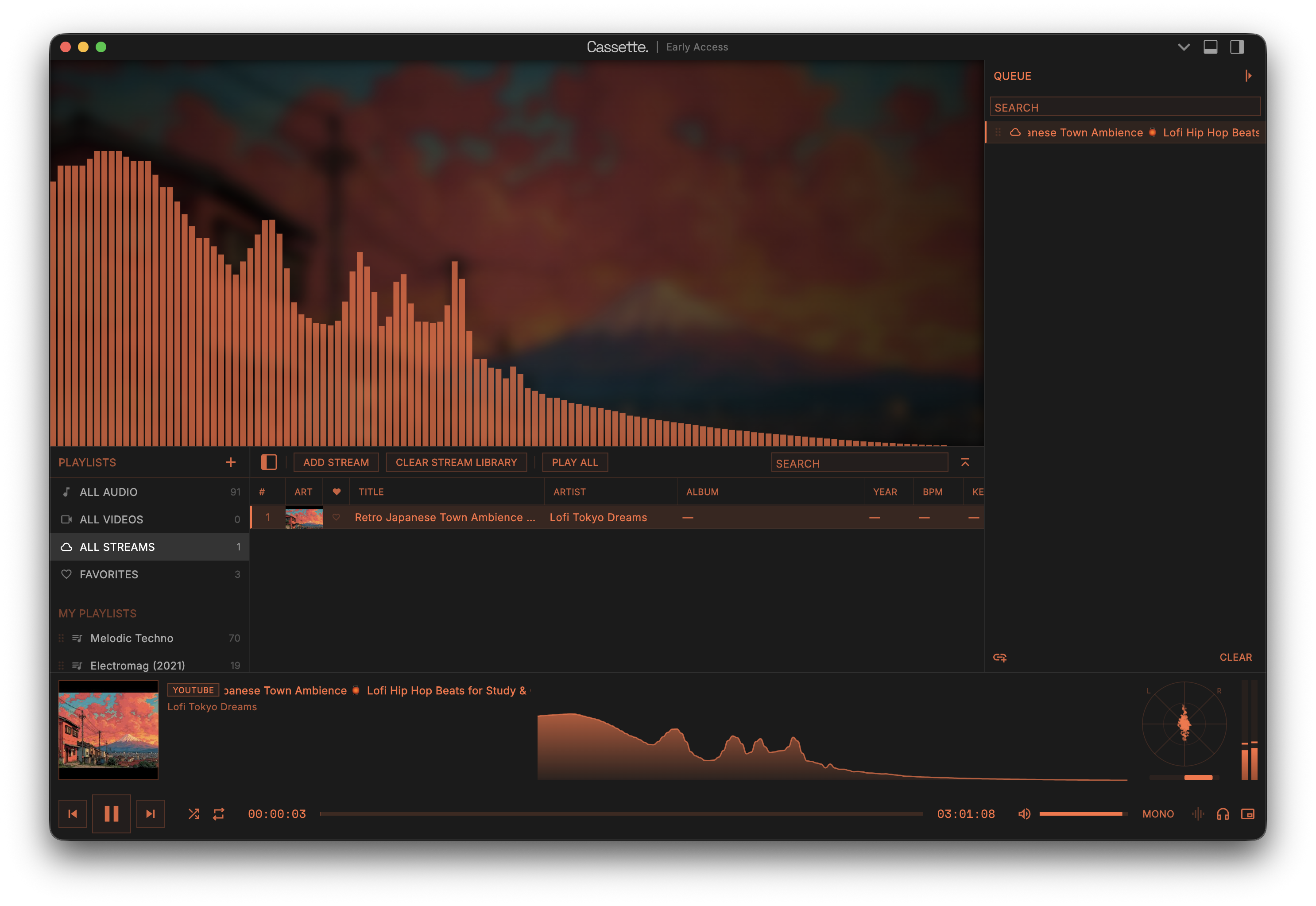Cassette playing a track streamed from a YouTube link, with spectrum analyzer and queue working as normal
